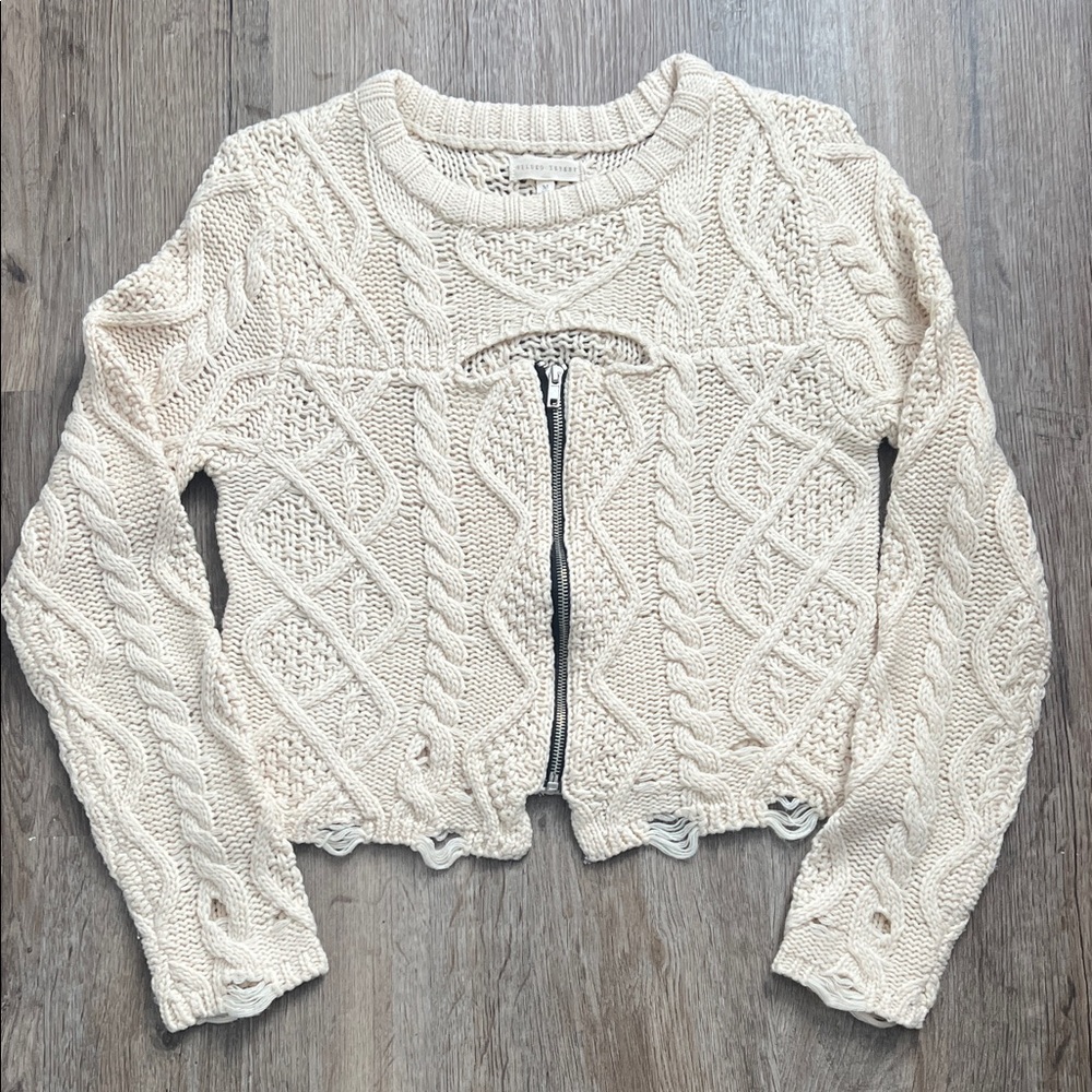 Gilded Intent Cream Cable Knit Sweater with Zipper